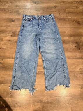 American Eagle Super High-Rise Baggy Wide Leg Distressed Frayed Hem Jeans sz 16